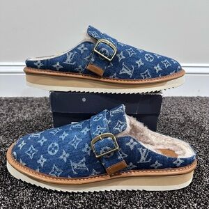 Louis Vuitton x Nigo LV Cosy Fur Denim Monogram Mules Slippers